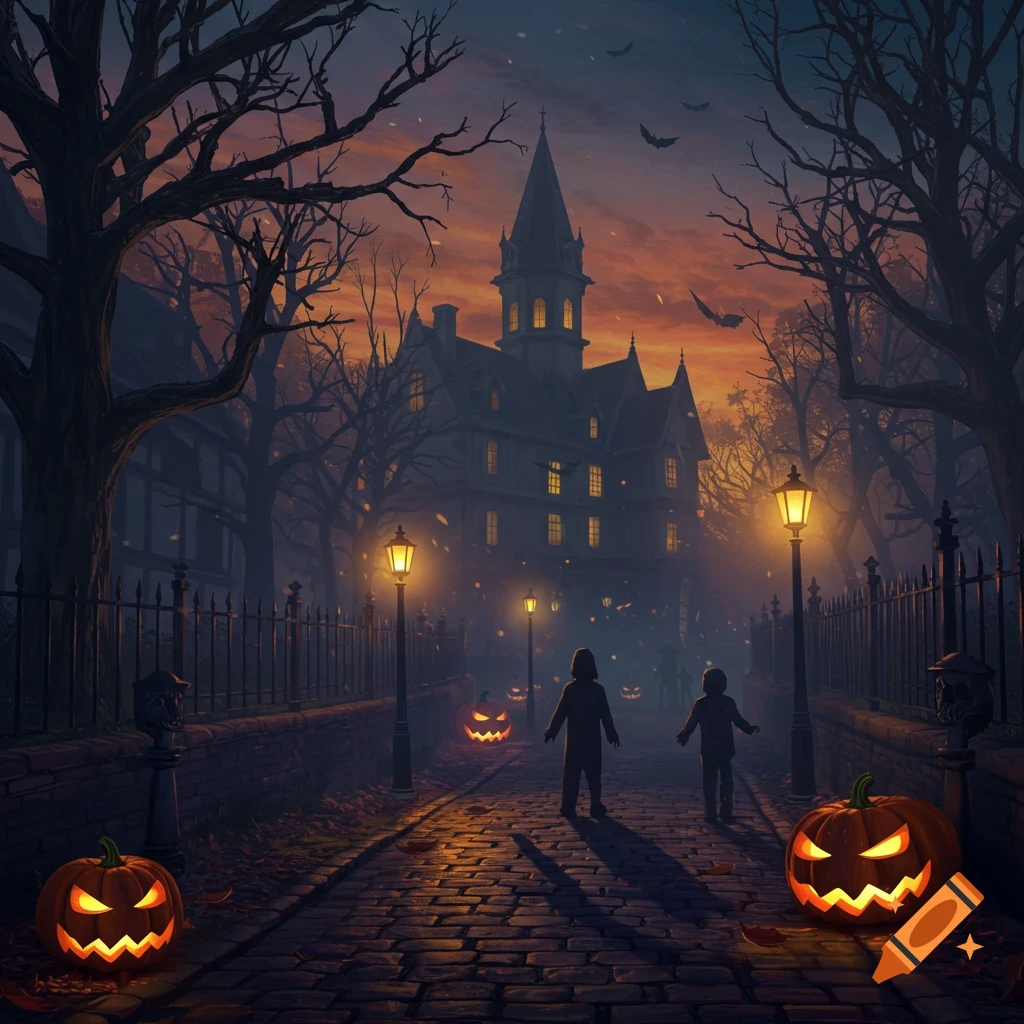 Two children on a cobblestone path approach a spooky haunted house at dusk, lit by jack-o'-lanterns and lampposts.