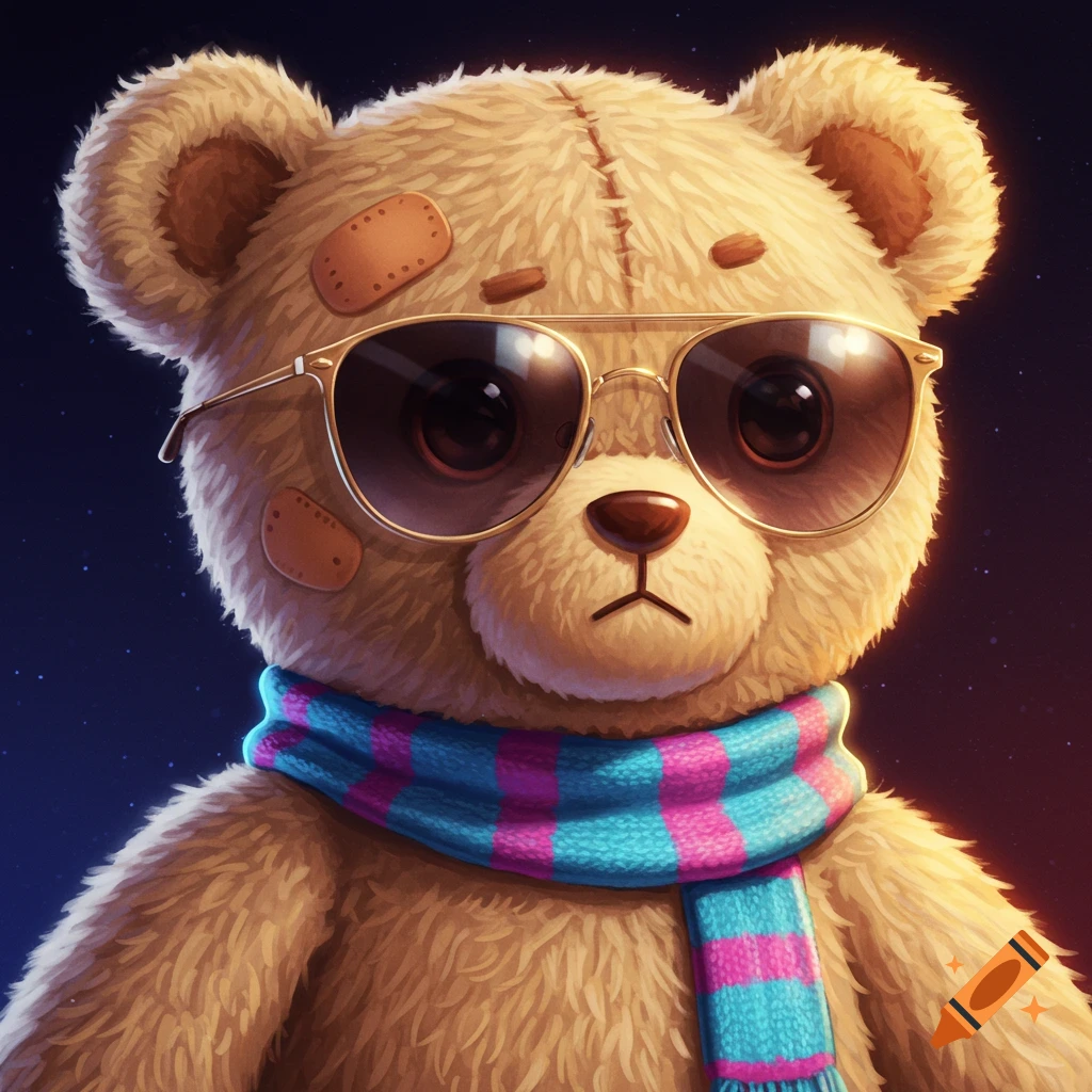 A beige teddy bear wears sunglasses and a blue and pink striped scarf, against a dark, starry background.