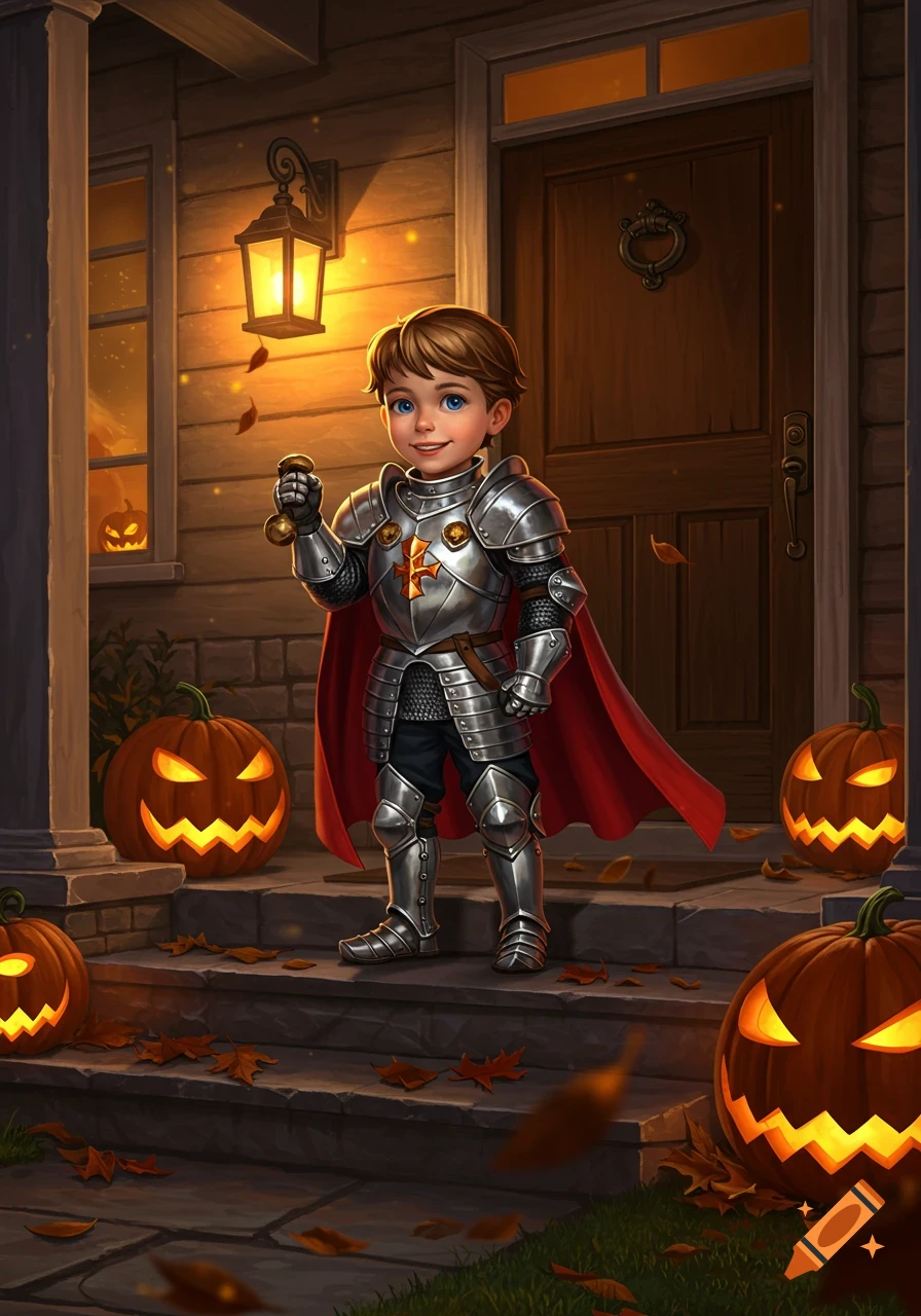 A boy in a shiny knight costume and red cape stands on a doorstep with glowing jack-o'-lanterns for Halloween.
