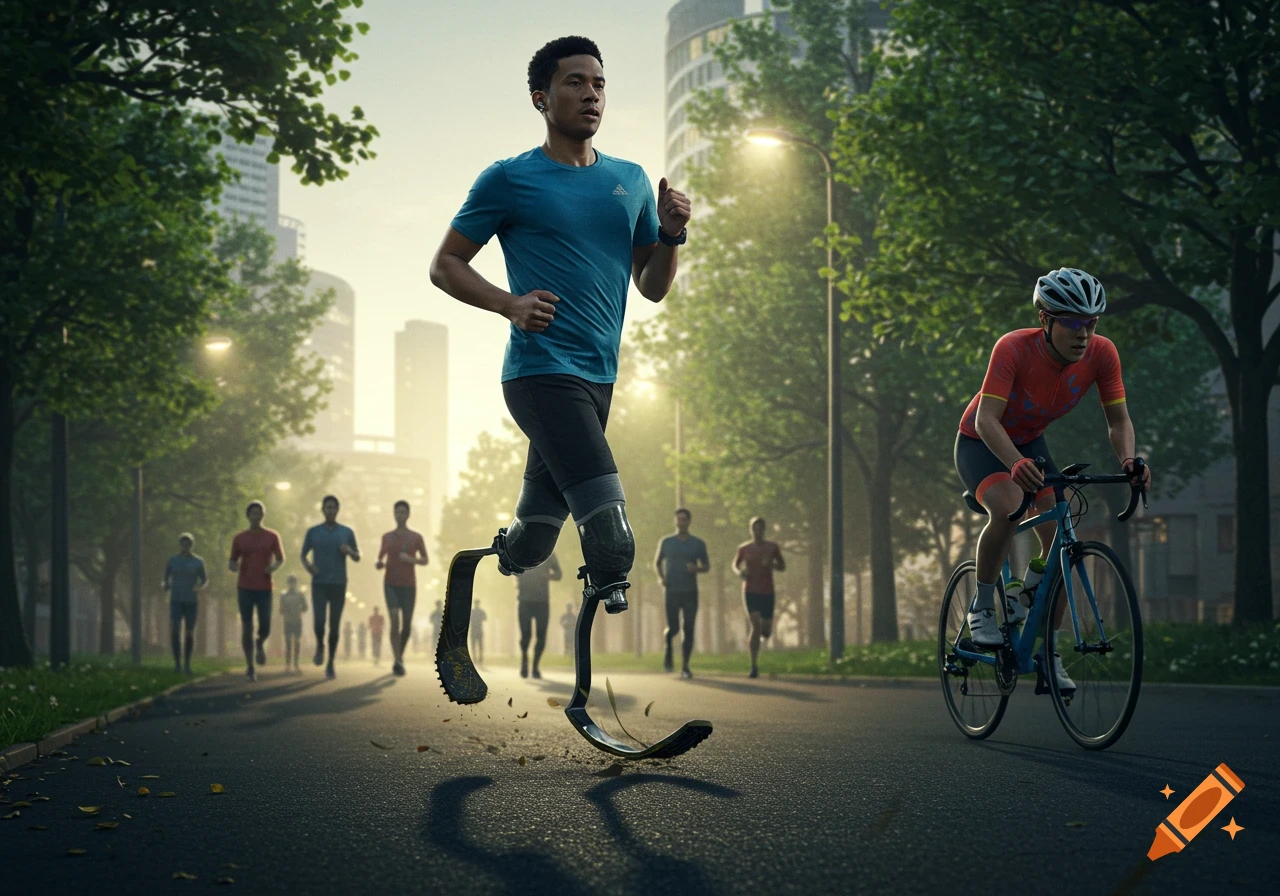 Photorealistic image of a man with prosthetic running blades running on a road with a cyclist and other runners in an urban park.