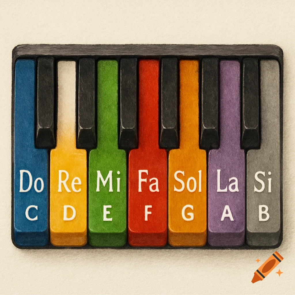 A colorful mini piano keyboard with keys labeled with musical notes Do-Si and corresponding letters C-B.