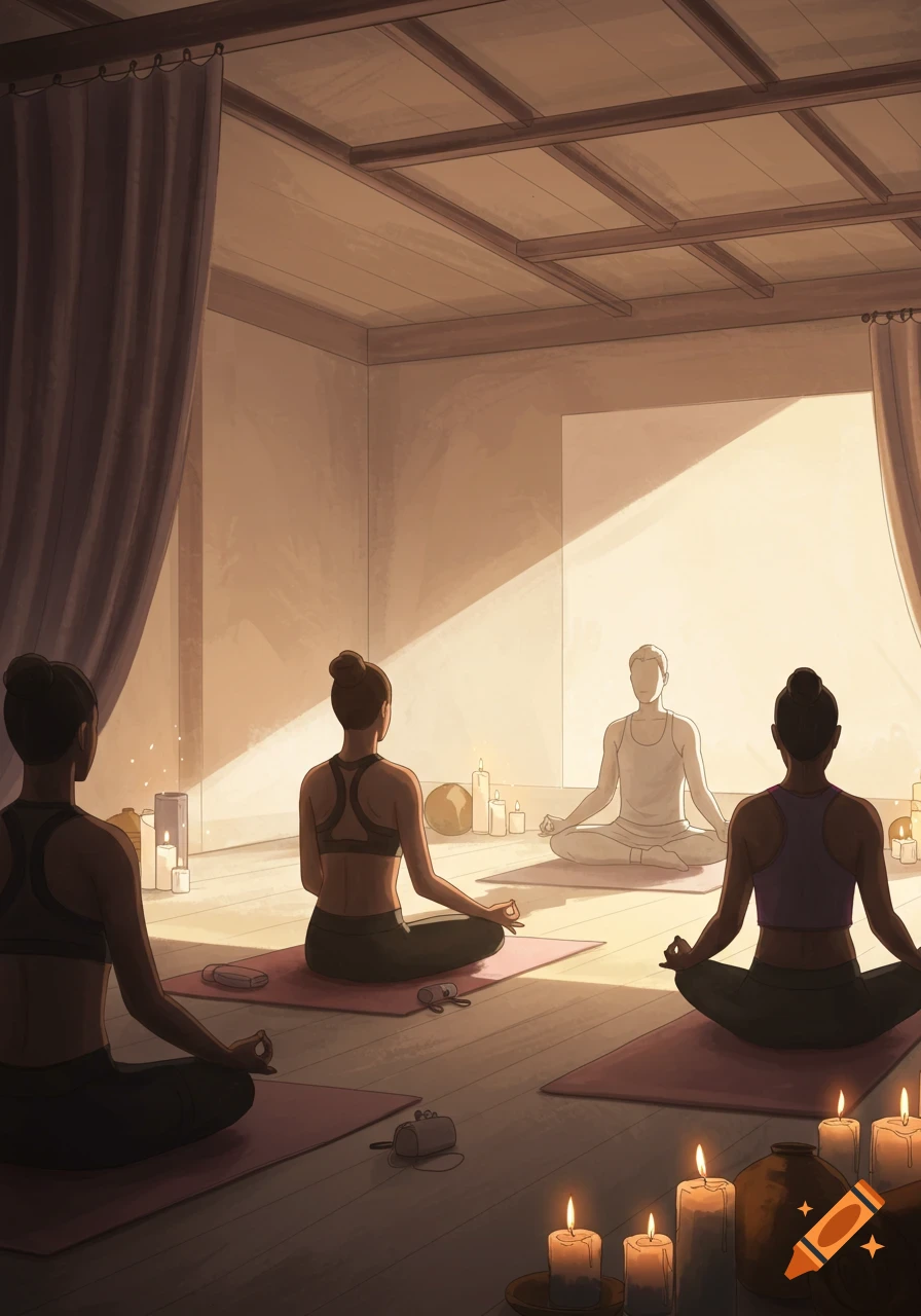 An illustration of several people meditating in a cozy, dimly lit room adorned with candles.