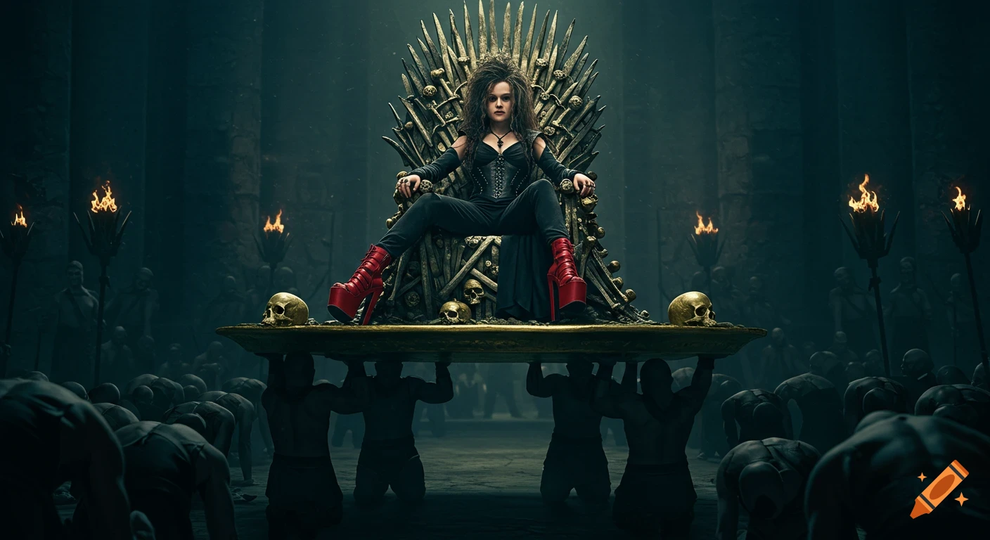 A dark witch queen in a leather corset and red platform boots sits on a throne of bones and skulls, carried by muscular men, while others bow in a dimly lit, eerie hall.