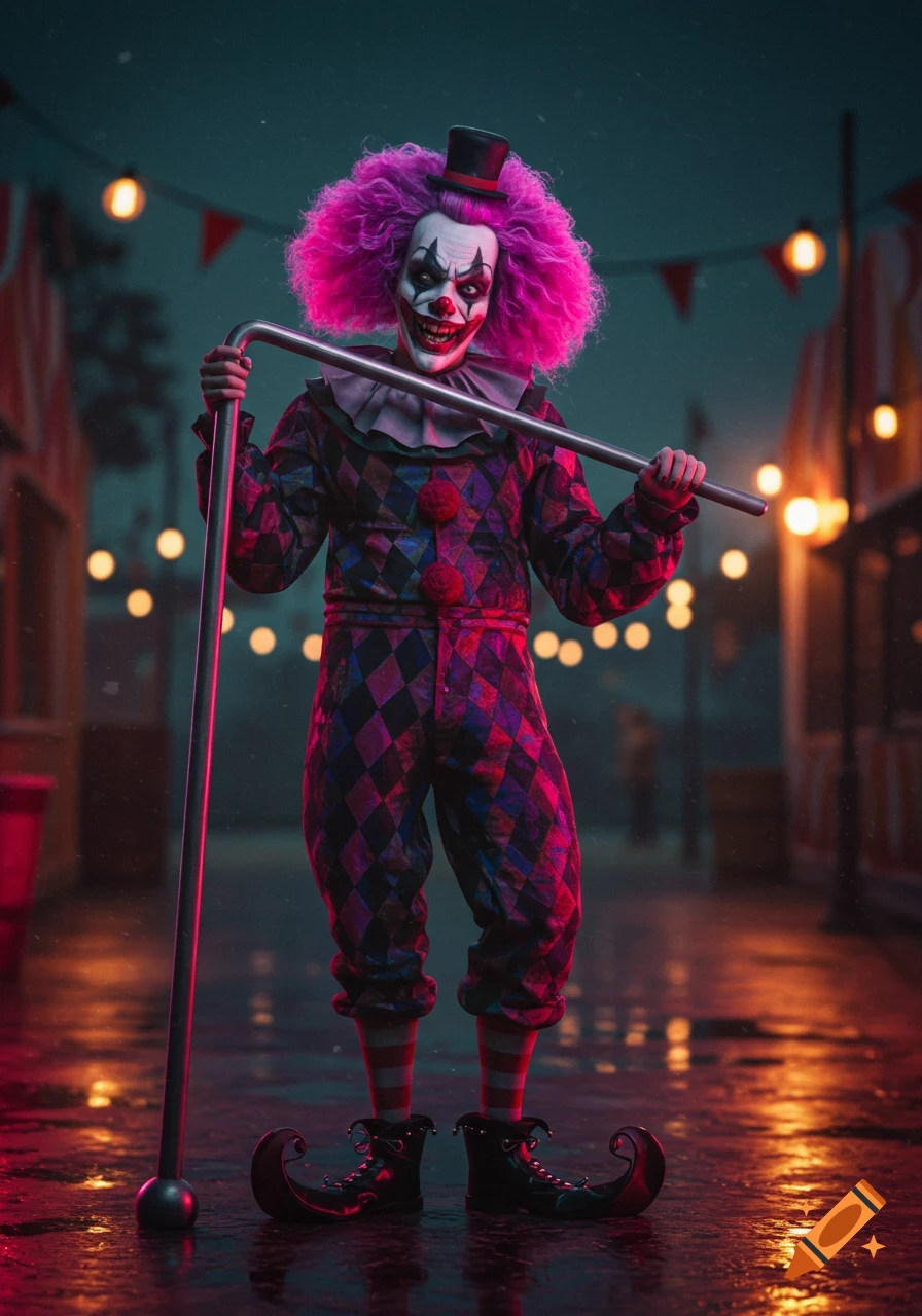 A photorealistic creepy clown with pink hair, a top hat, and a diamond suit stands in a dark, wet carnival alley, holding a metal pole.