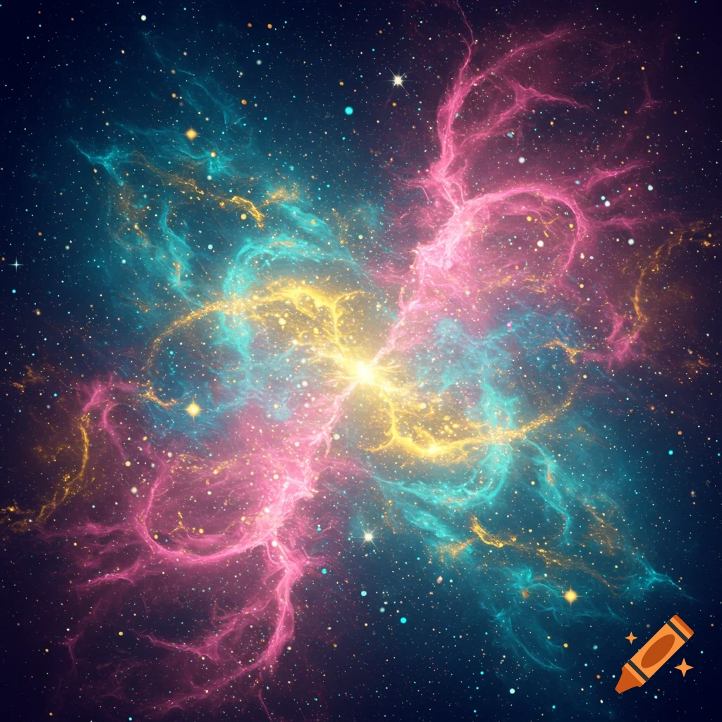 A vibrant abstract nebula in deep space, featuring swirling pink, teal, and yellow cosmic dust amidst sparkling stars.
