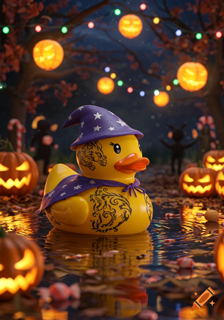 A yellow rubber duck in a wizard hat and cape with dragon tattoos floats in a puddle surrounded by glowing jack-o'-lanterns and string lights in a spooky Halloween scene.