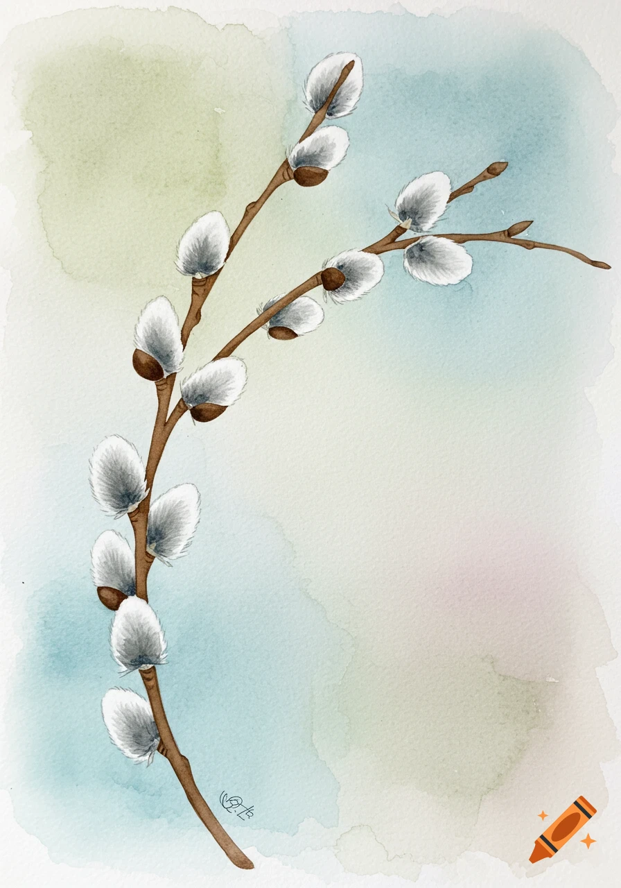 Watercolor painting of curved pussy willow branches with fluffy white buds against a soft green and blue background.