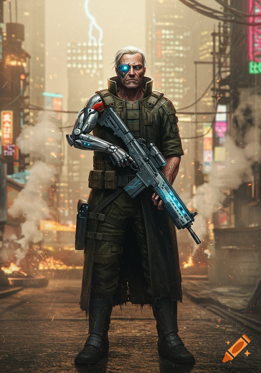 A grizzled combat veteran with a glowing cybernetic eye and arm stands ...