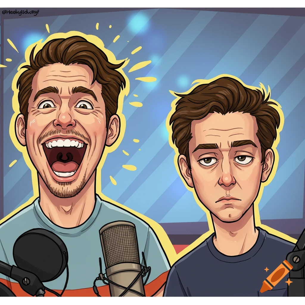 Cartoon of two male podcast hosts: one laughing exuberantly, the other with a straight face, in a studio with microphones.