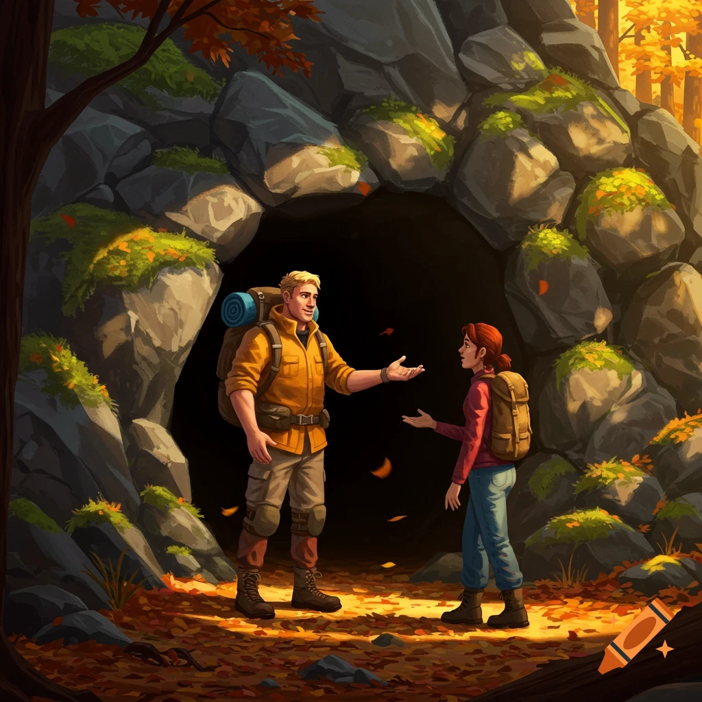 Two hikers, a man and a woman, stand outside a cave entrance in an autumn forest. The man gestures toward the cave.