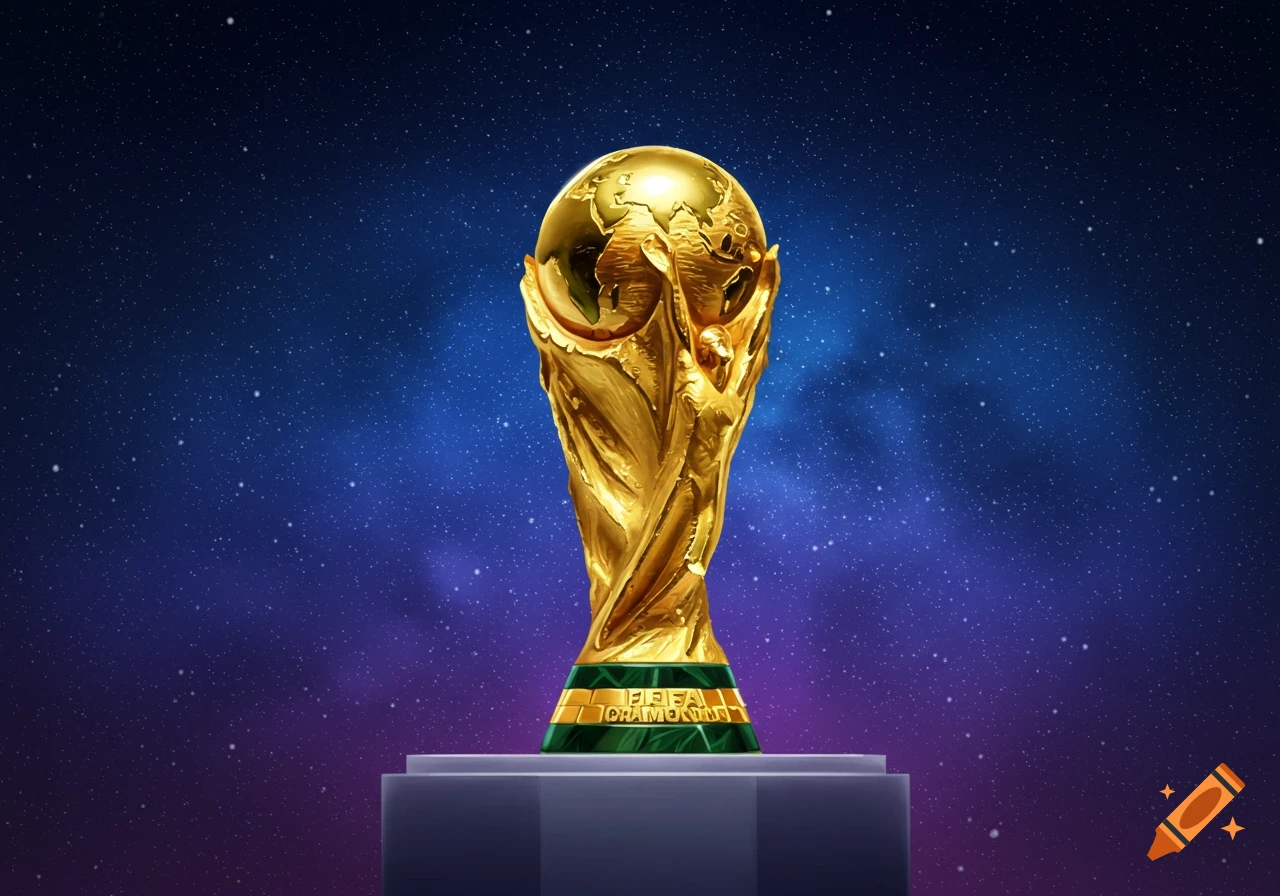The golden FIFA World Cup trophy on a pedestal against a starry blue and purple gradient sky.