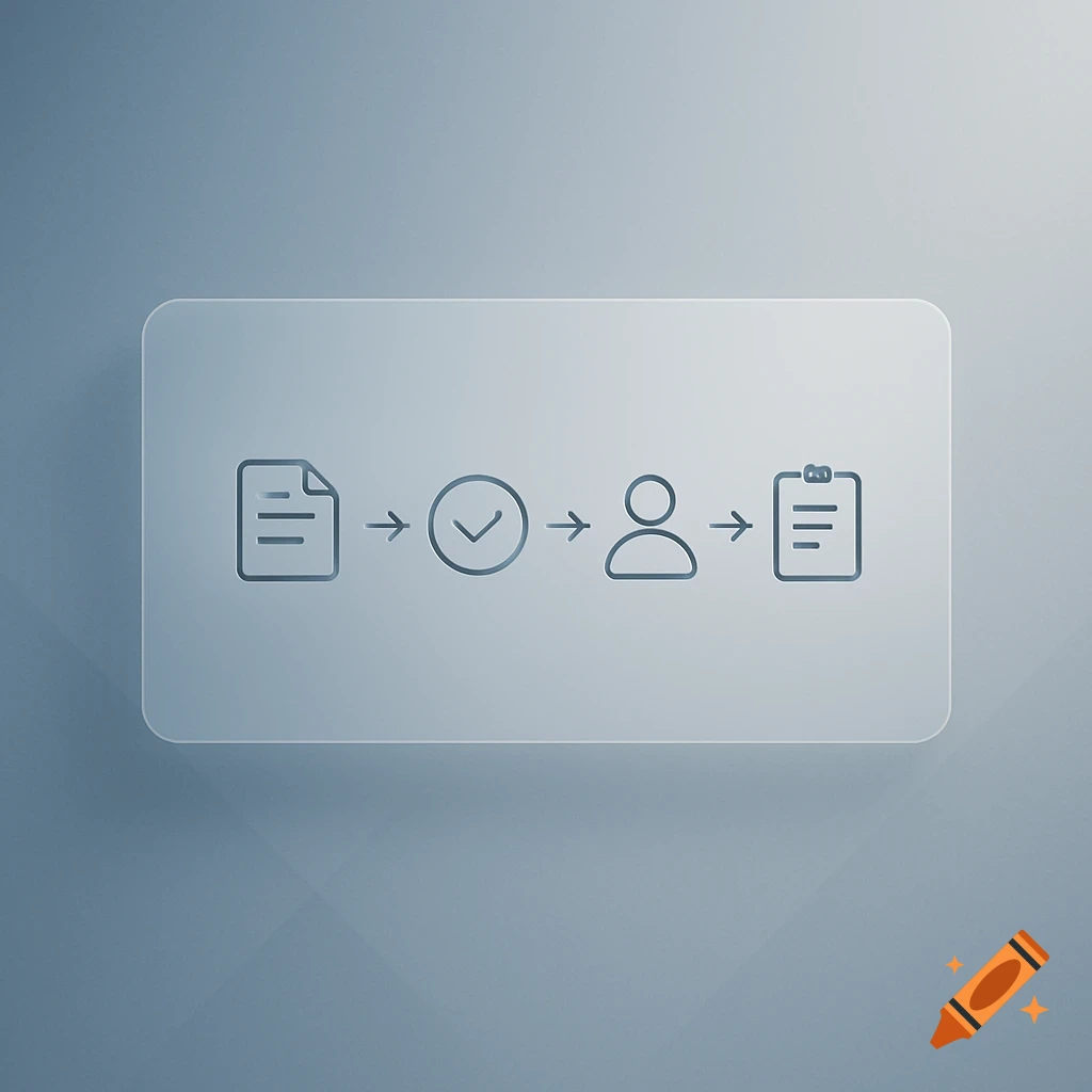 A minimalist diagram on a glassy rectangle showing a process flow with document, checkmark, person, and clipboard icons.