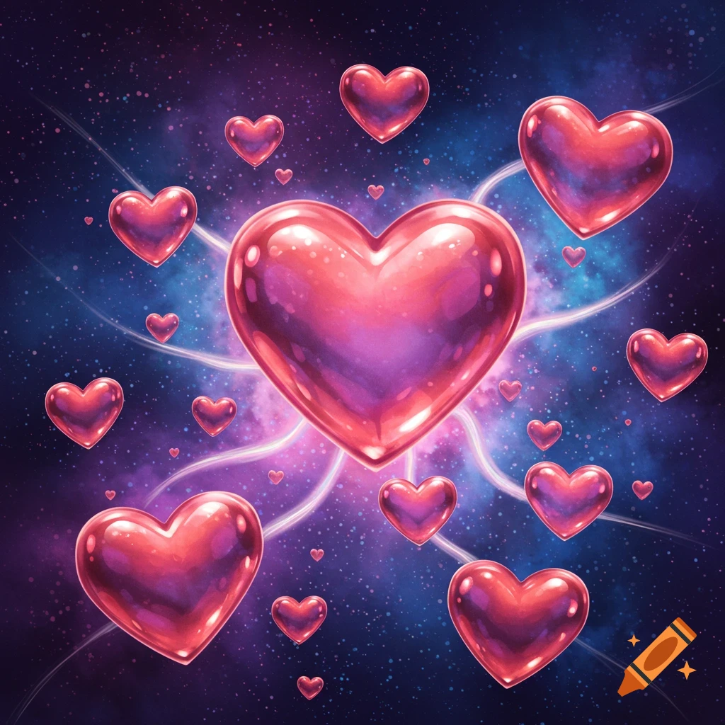 Multiple shiny, pink and red hearts float and glow against a vibrant purple and blue cosmic background.