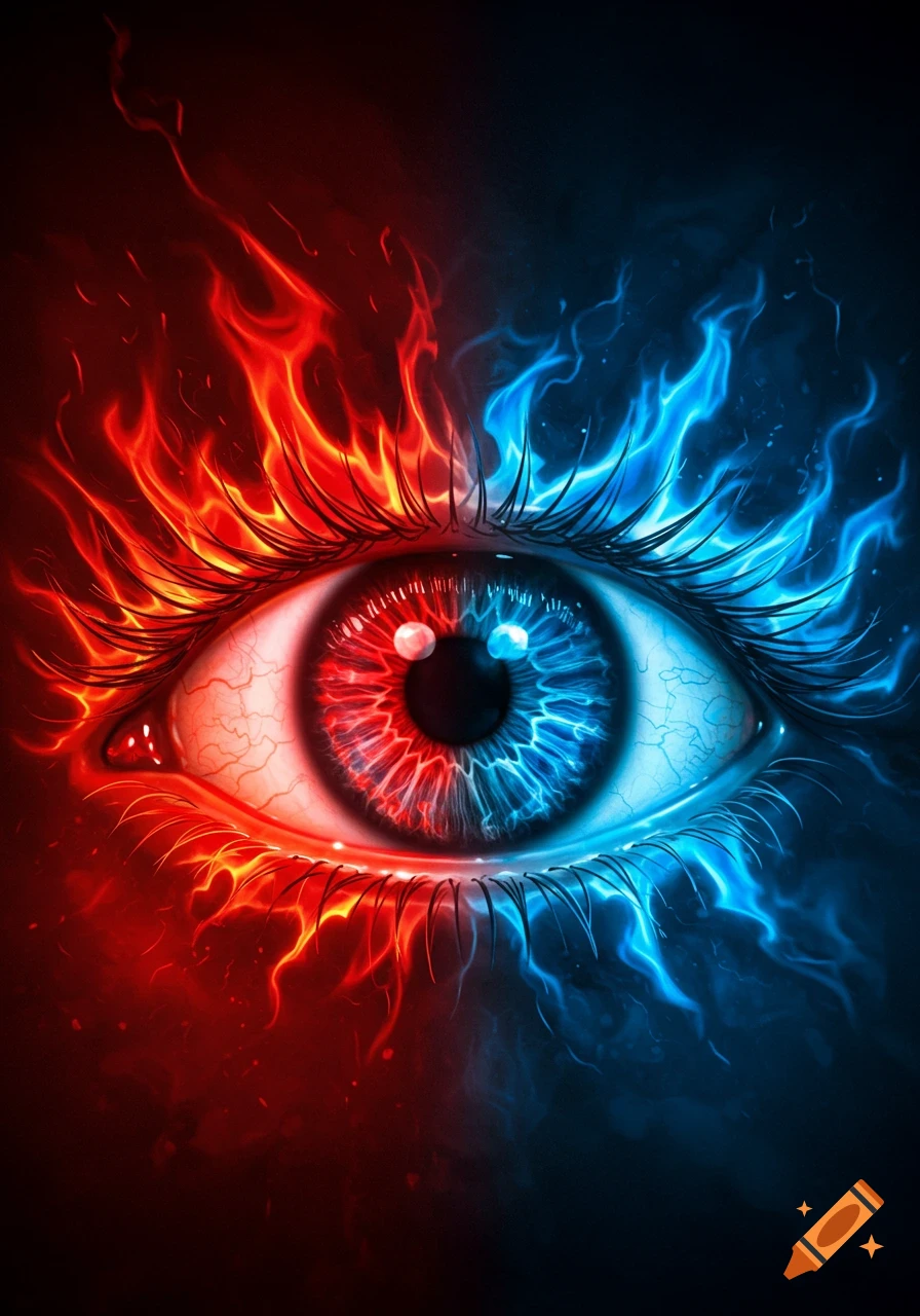 A vivid close-up of an eye, split down the middle with a fiery red iris and red flames on one side, and an icy blue iris with blue flames on the other.