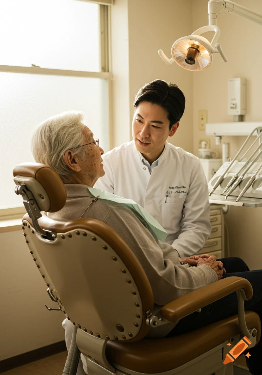 A male dentist in a white coat talks to an elderly patient in a dental chair.