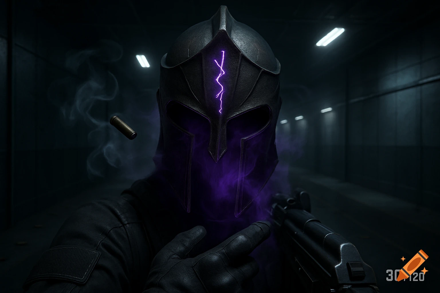 First-person view of a person in tactical gear holding a gun, wearing a dark helmet with glowing purple runes and mist. In a dimly lit shooting range, with a bullet casing and smoke in the air.