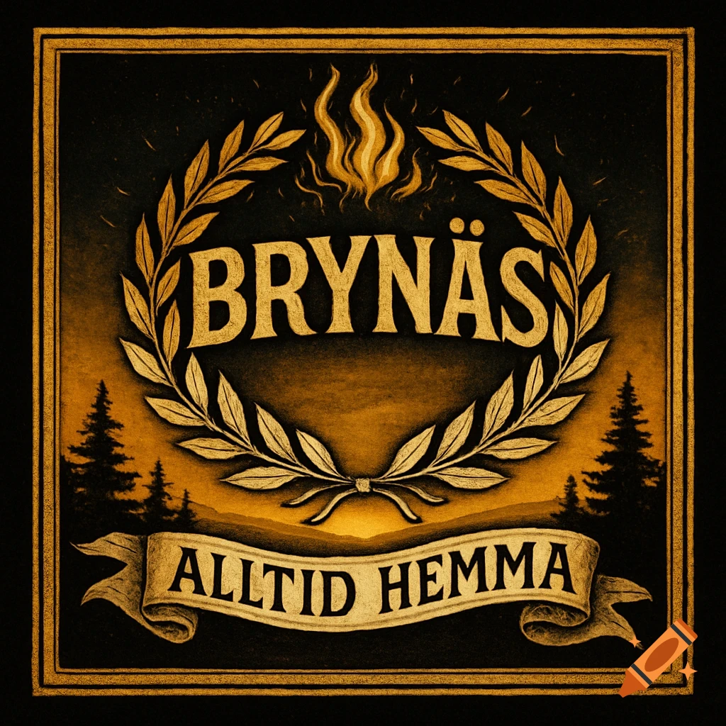 A golden and black folk art emblem with 'Brynäs' above a laurel wreath and 'Alltid hemma' on a banner, surrounded by pine trees and flames.