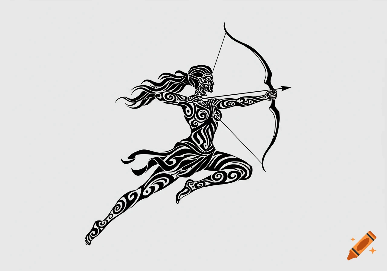 Black tribal silhouette of Artemis, the Amazonian archer, leaping while aiming her bow and arrow on a light background.