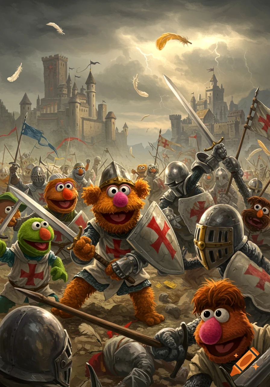 Muppet crusaders in medieval armor fight on a stormy battlefield with castles in the background, a detailed illustration.