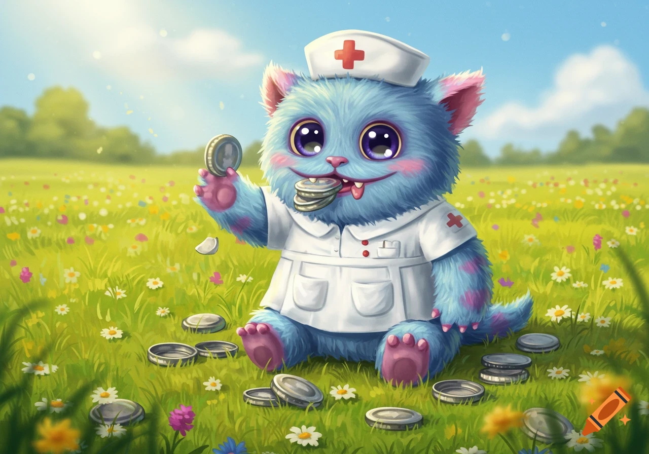 A cute, fluffy blue monster in a nurse uniform sits in a flower field, eating metal lids.