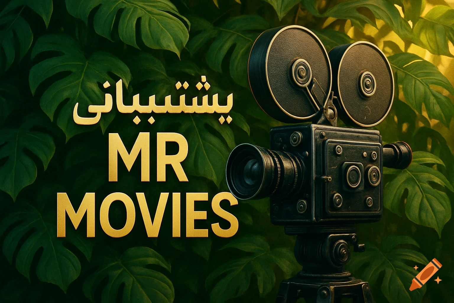 A vintage film camera on a tripod, surrounded by large green leaves. Gold text reads 'پشتیبانی MR MOVIES'. Stylized digital art.