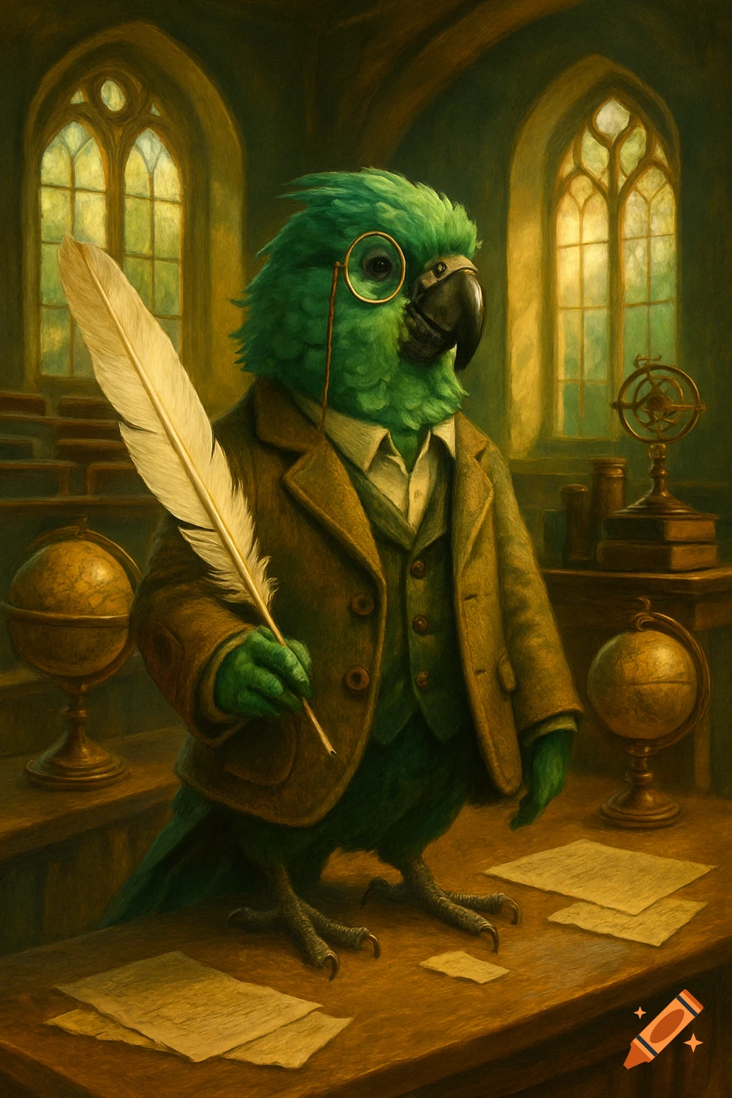 A green parrot wearing a brown suit and monocle stands at a wooden desk with papers and globes, holding a quill pen in a grand, windowed room. Painterly style.