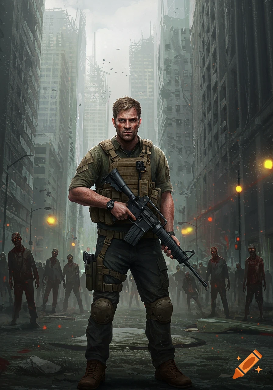 A man in military gear holds a rifle, standing on a ruined city street with zombies approaching in the background.