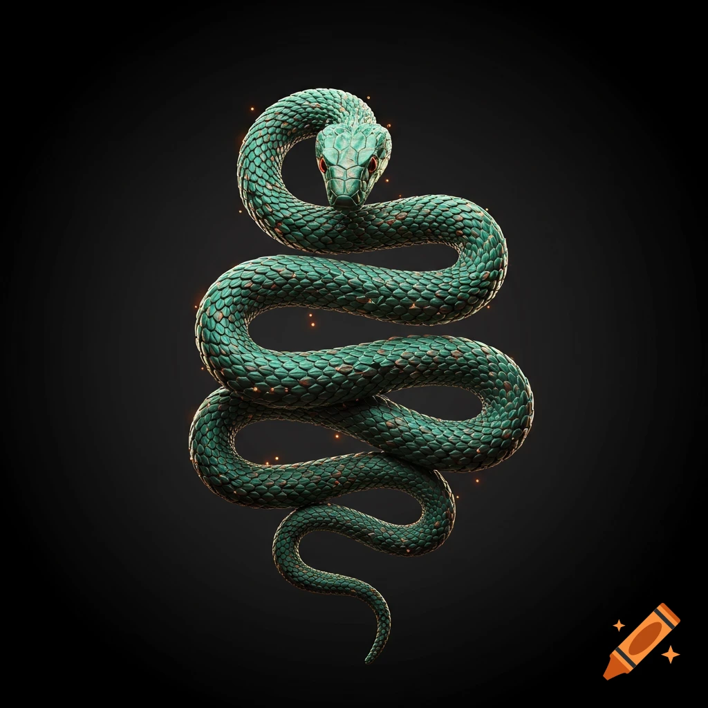 A detailed green snake with red eyes coiled vertically against a dark background, surrounded by subtle golden sparkles.