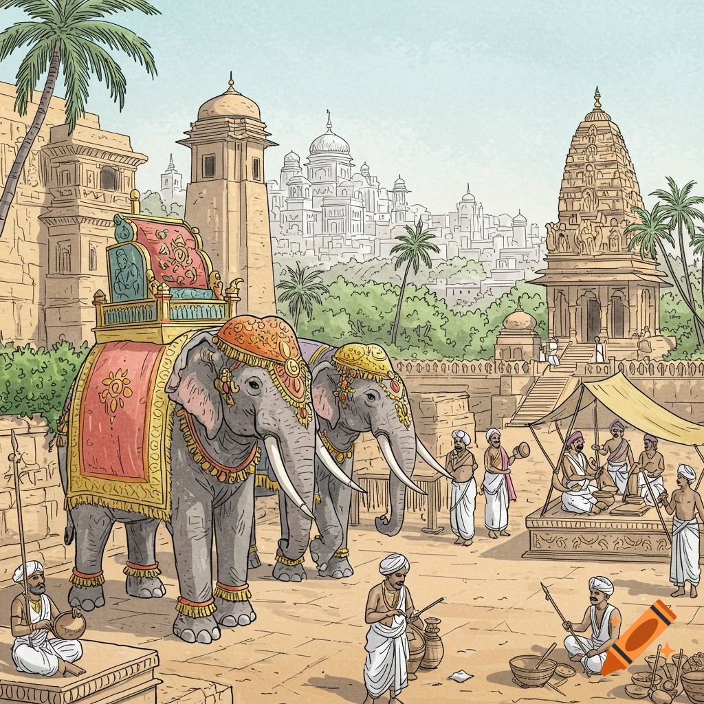 Coloring page illustration of two elaborately decorated elephants and people in an ancient Indian city scene with temples.