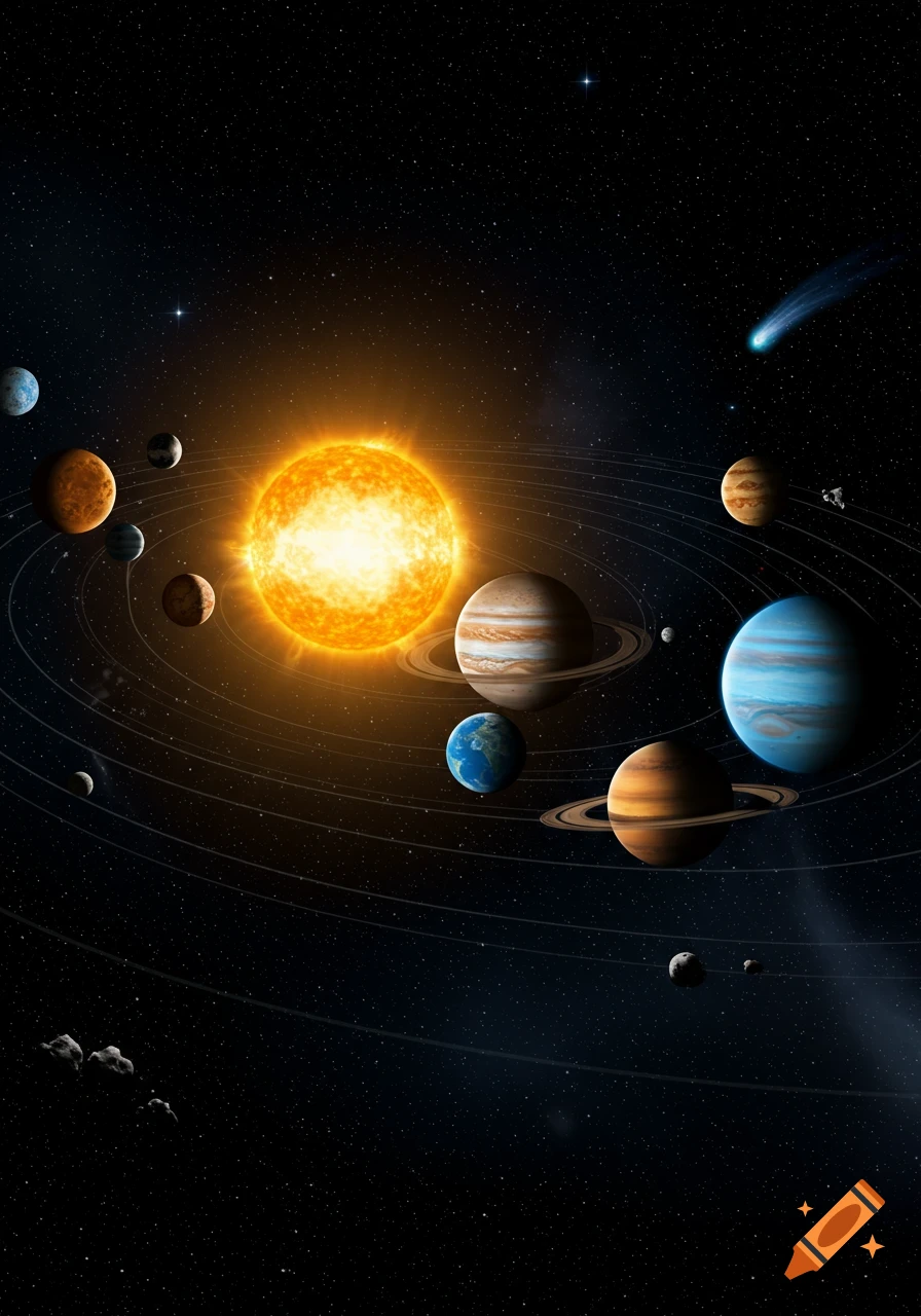 A vibrant illustration of the solar system with the sun at the center, surrounded by planets, their orbits, and a starry background.