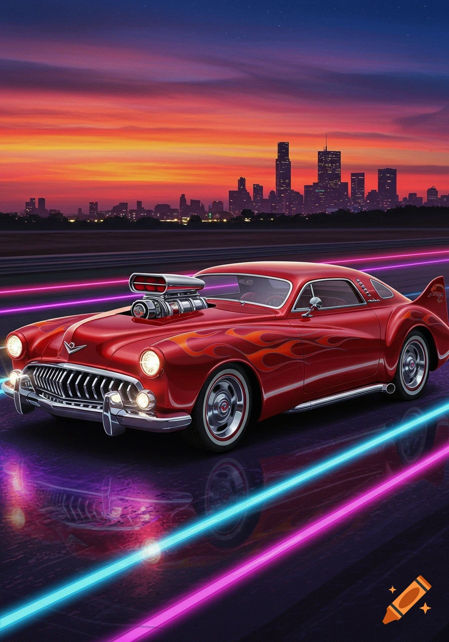 A vibrant red custom hot rod car with flames and a supercharger drives on a highway with neon lines against a sunset cityscape.
