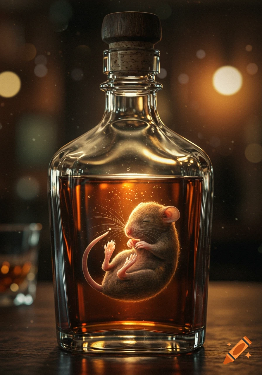 Photorealistic image of a small, glowing baby mouse curled up inside a whiskey bottle.
