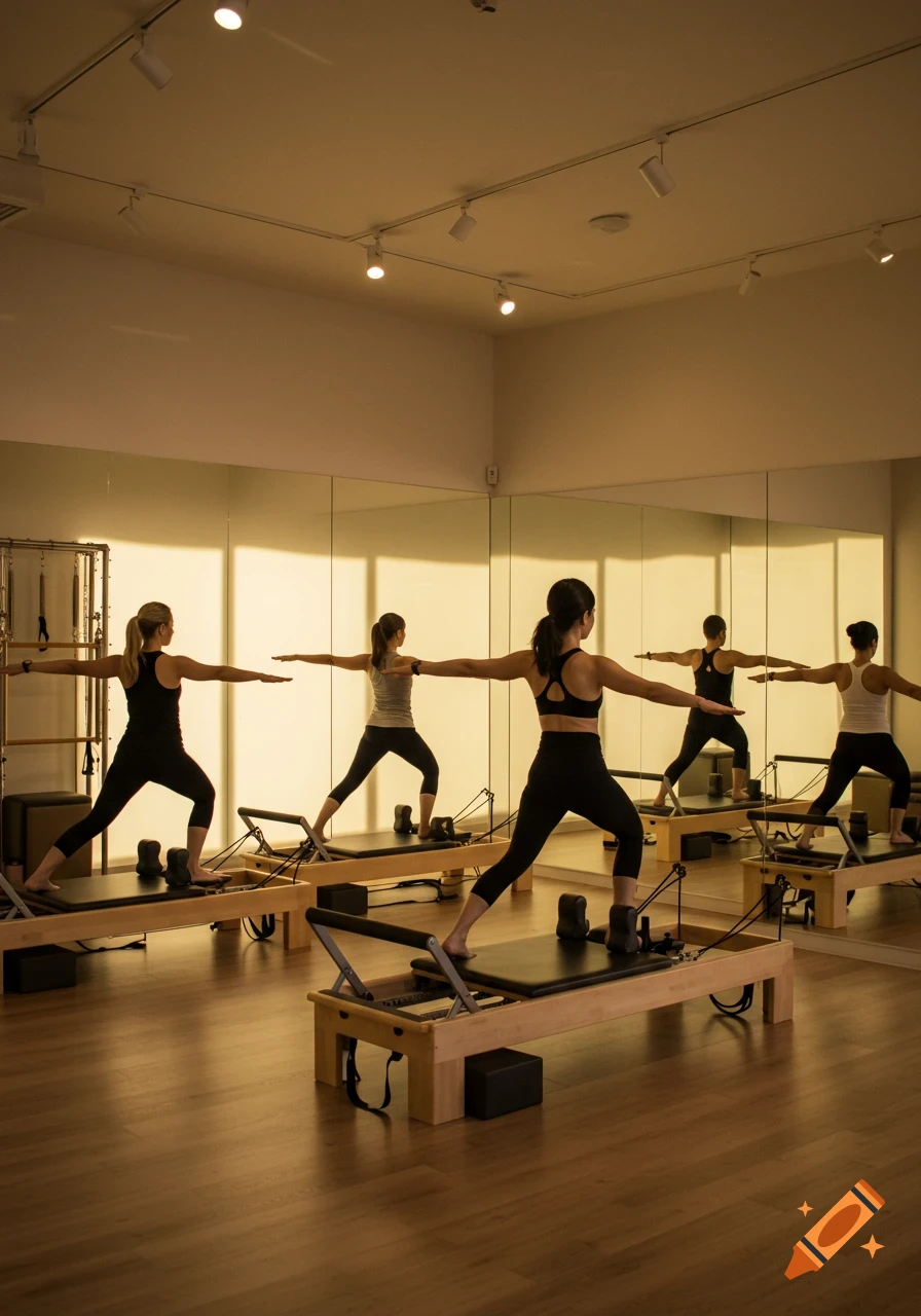 Several women perform lunges on Pilates reformers in a mirrored studio with warm, dim lighting.
