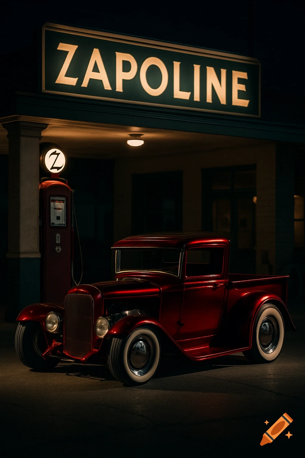A hyperrealistic night photo of a candy red custom 1932 Ford Model T pickup parked at an old ZAPOLINE gas station.