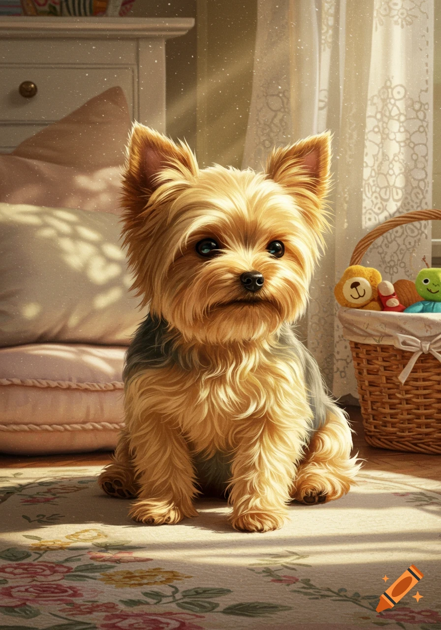 A cute fluffy blonde and grey Yorkshire terrier puppy sits on a floral rug, bathed in sunlit dust motes.