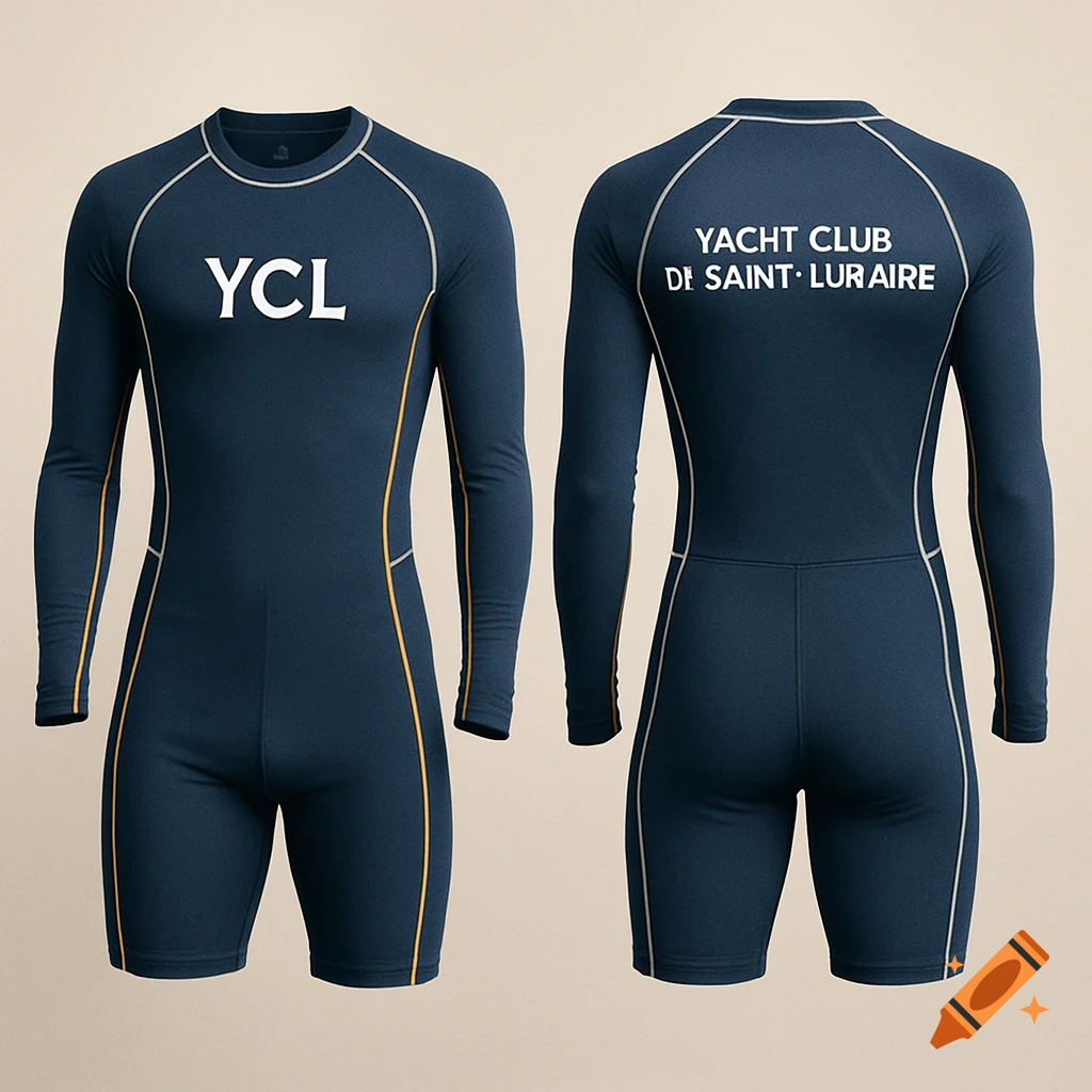 Dark blue long-sleeved rowing suit with white and yellow accents, showing front with 'YCL' logo and back with 'Yacht Club de Saint-Lunaire' text.