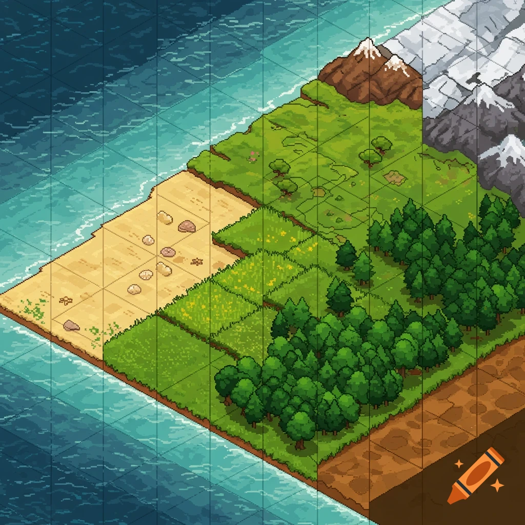 Isometric pixel art game map featuring diverse biomes: deep water, shallow water, beach, grass, forest, hills, and snow-capped mountains.