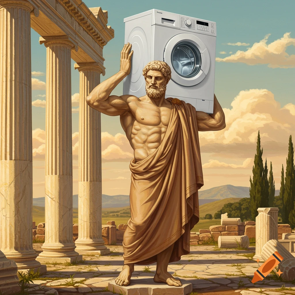 A muscular ancient Greek statue carries a modern white washing machine on his shoulders amidst classical ruins.
