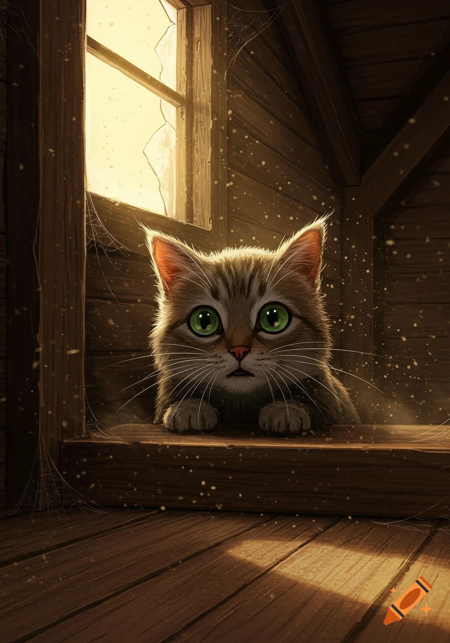 A scared tabby cat with big green eyes peeks over a wooden ledge in a dusty, rustic room with a broken window, digital art.