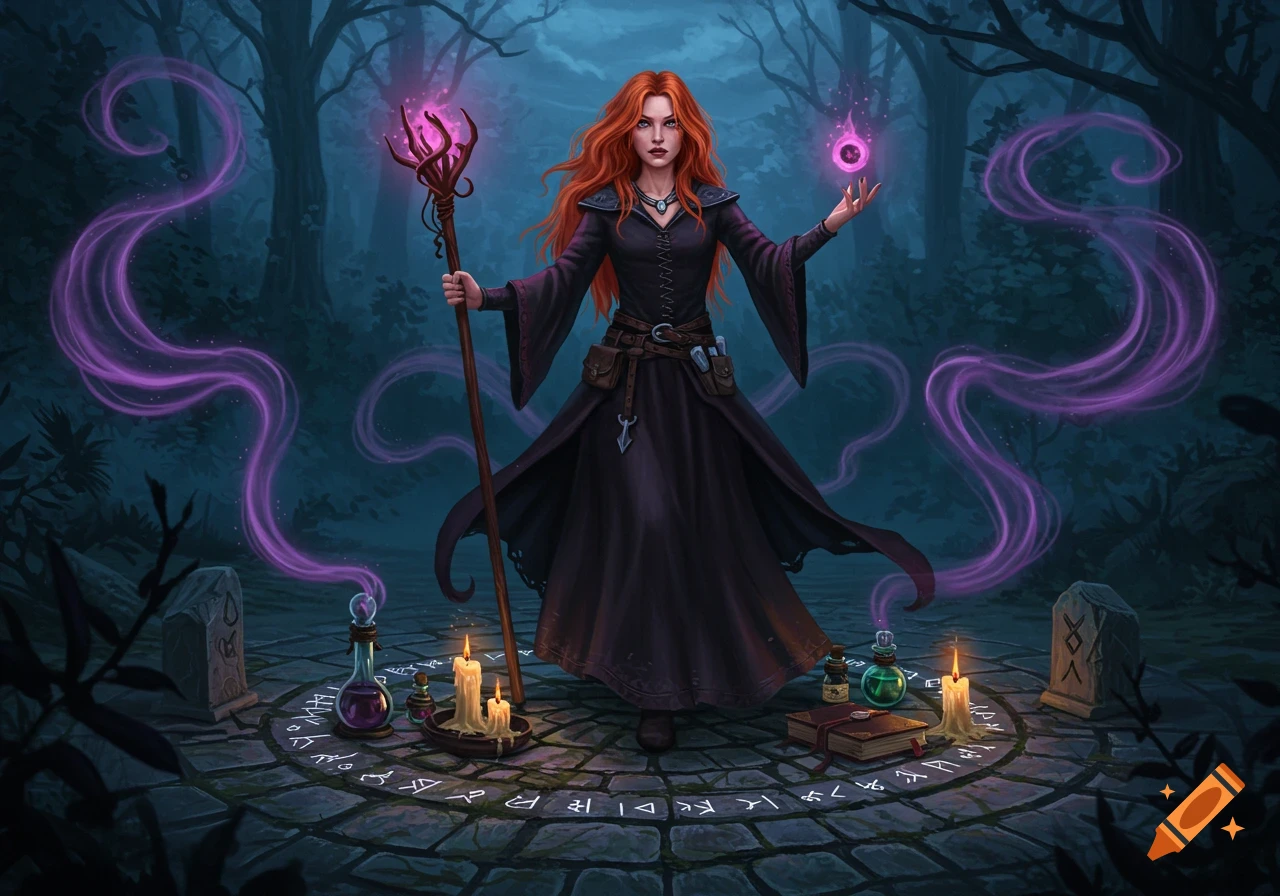 A red-haired witch in a dark robe stands in a forest, holding a glowing staff and casting a spell with purple energy. Ritual items and runic symbols surround her.