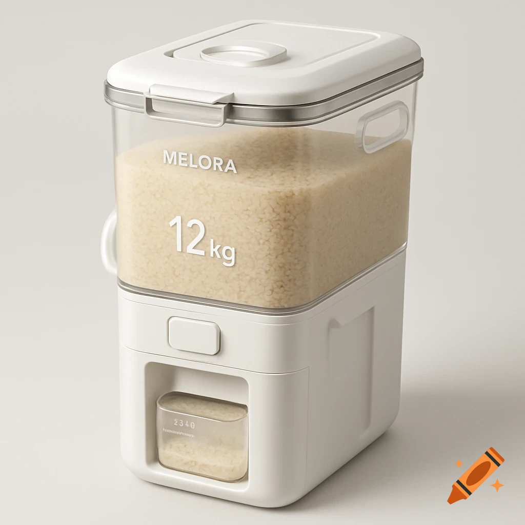 A white and transparent MELORA 12kg rice dispenser filled with rice, featuring a push-button release and a small measuring cup.