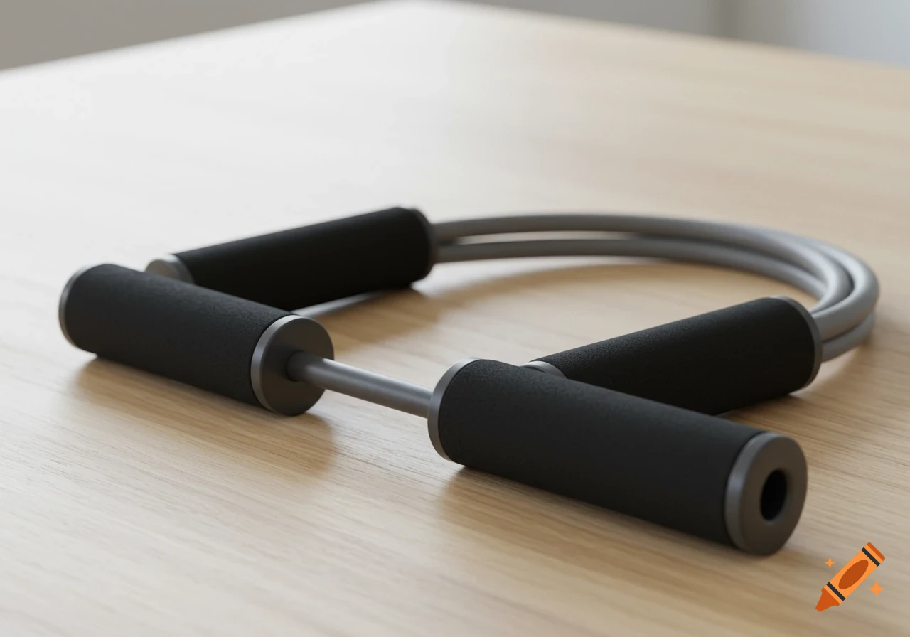 A minimalist product photo of a grey exercise resistance band with matte black padded handles on a light wooden table.