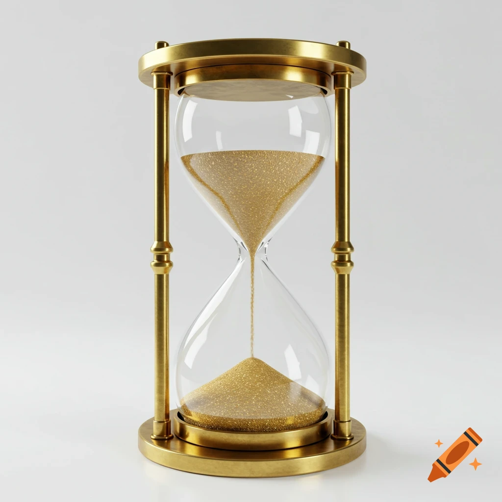 A golden hourglass with sparkling golden sand falling from the top chamber to the bottom, set on a white background.