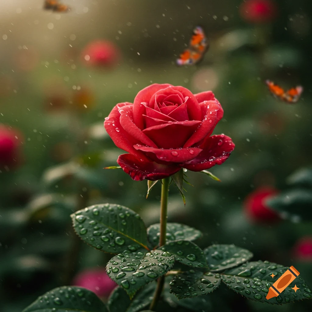 A vibrant red rose covered in water droplets with green leaves, and blurred orange butterflies in the background.
