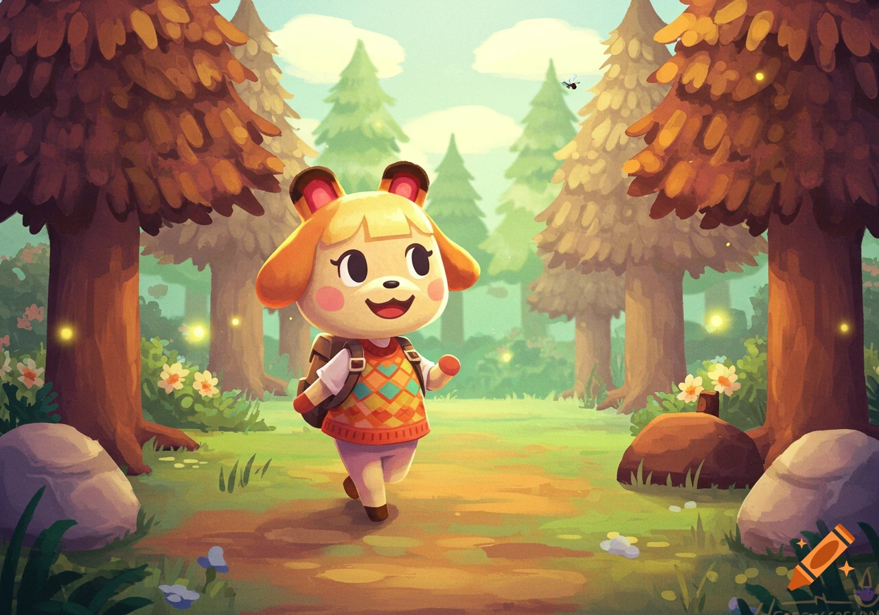 A happy cartoon dog character, Isabelle from Animal Crossing, walks through a vibrant, stylized forest path with glowing fireflies.