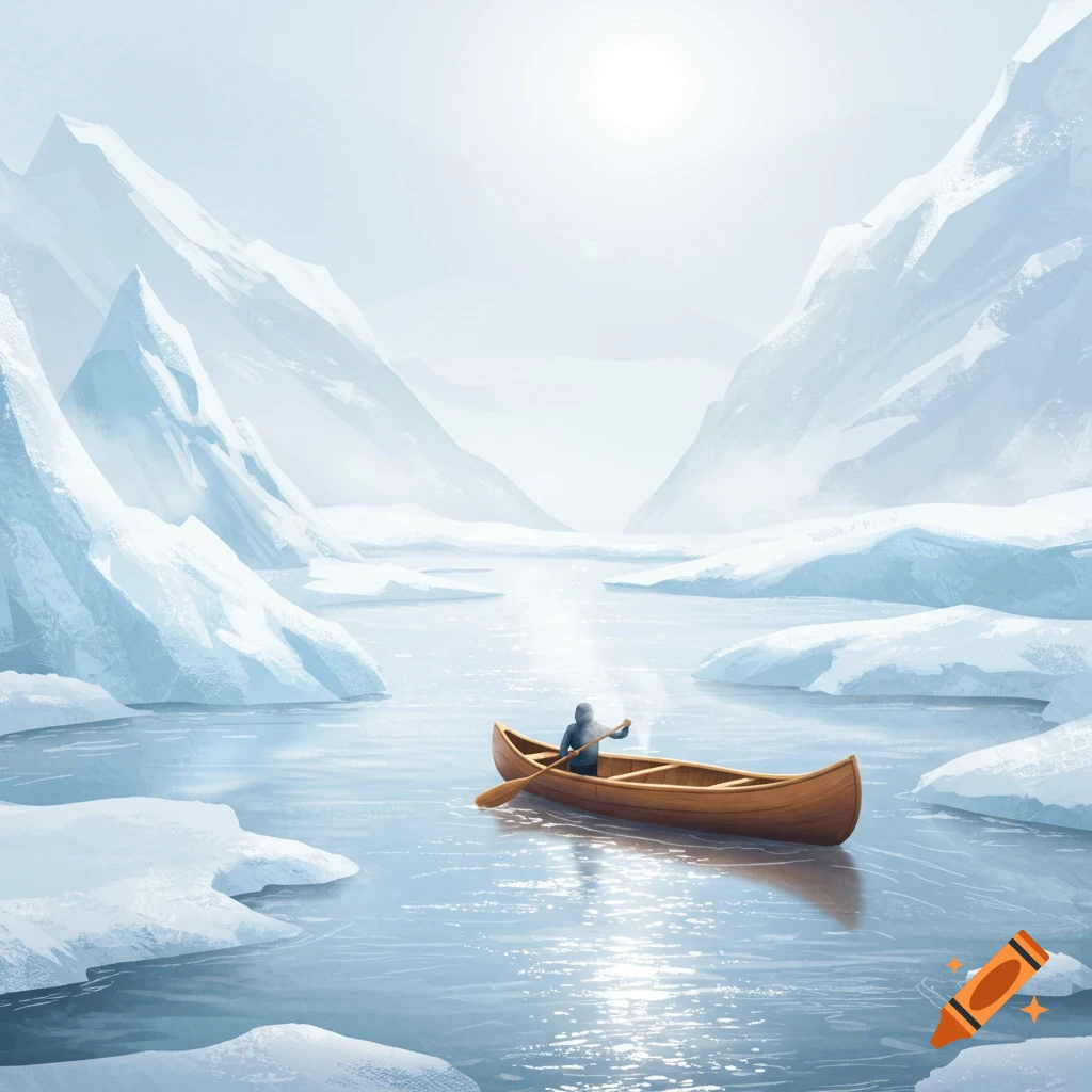 An illustration of a person canoeing on an icy river surrounded by snowy mountains.
