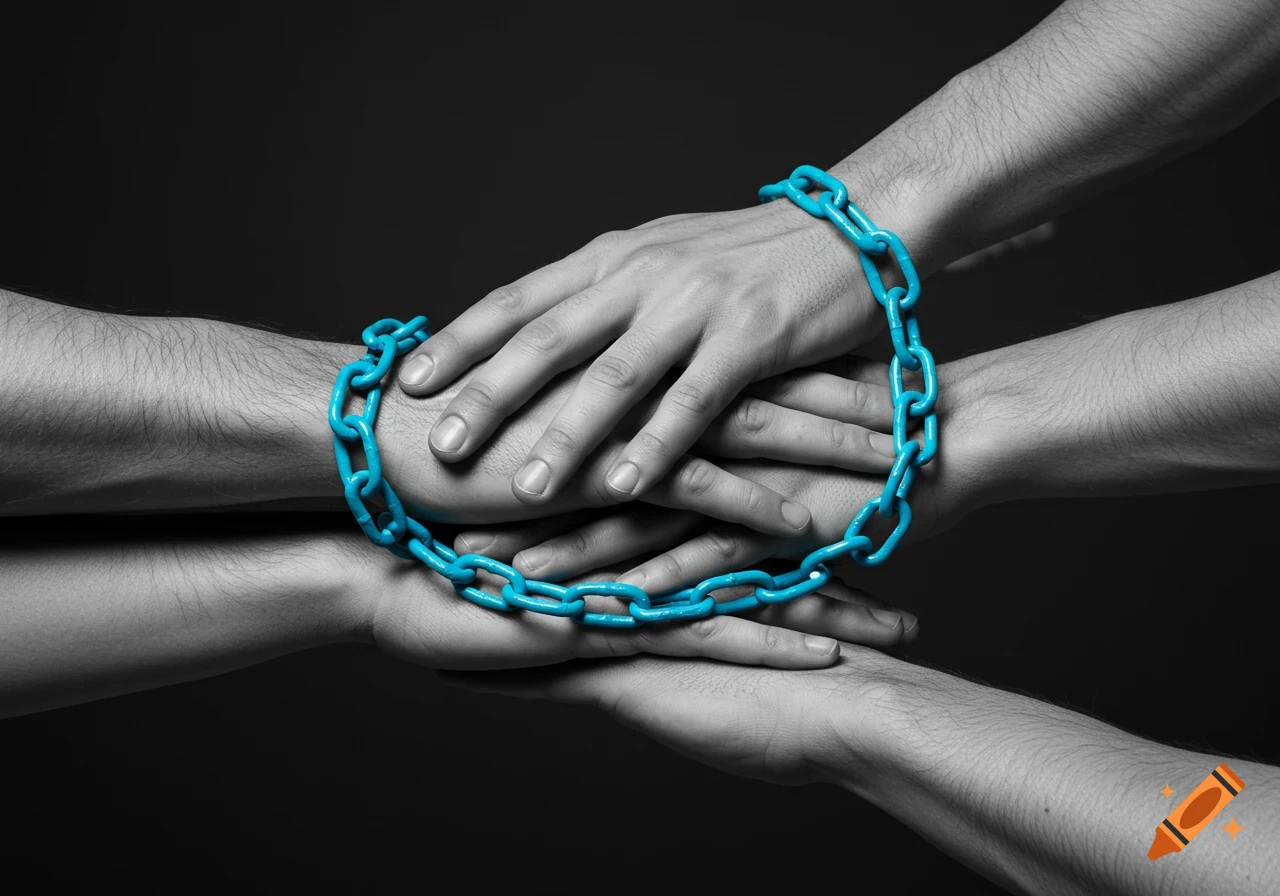 Four black and white hands are stacked together, encircled by a bright sky blue chain on a dark background.