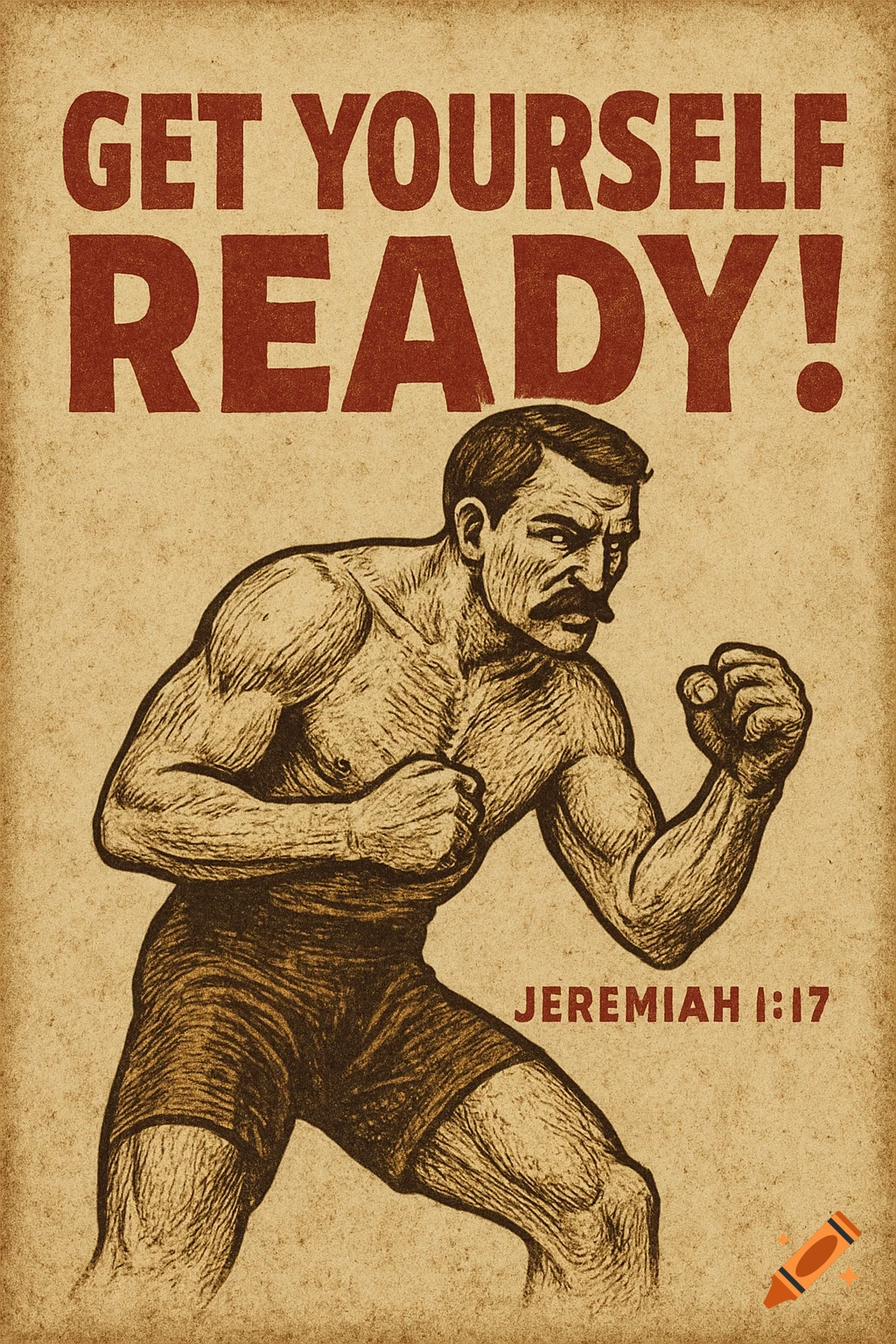 Vintage-style boxing poster with a determined bare-knuckled fighter and text 'GET YOURSELF READY! Jeremiah 1:17'.