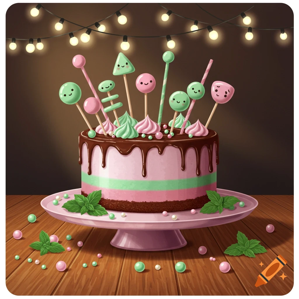 A stylized pink and mint green cake with chocolate drizzle, cute lollipops, and meringue on a wooden table with string lights.
