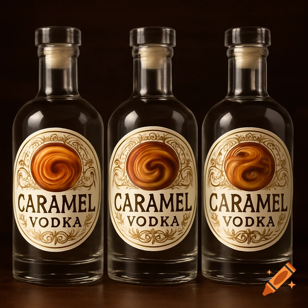 Three clear glass bottles of Caramel Vodka with decorative labels on a dark background.